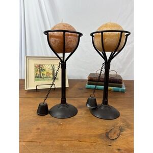 Two Metal Tabletop Candleholders with Snowball Candles and Fire Snuffers  (3888)